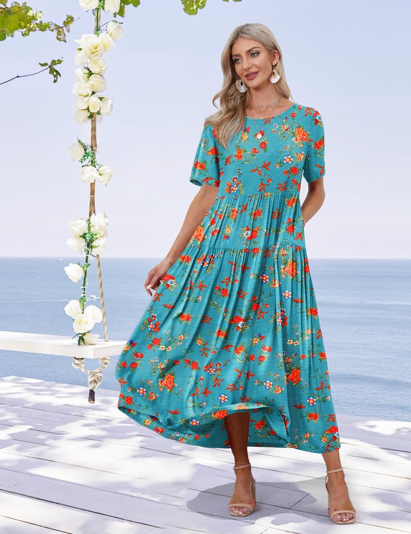 YESNO Women Casual Loose Bohemian Floral Dress with Pockets Short Sleeve Long Maxi Summer Beach Swing Dress (M EJF CR14) - Image 2
